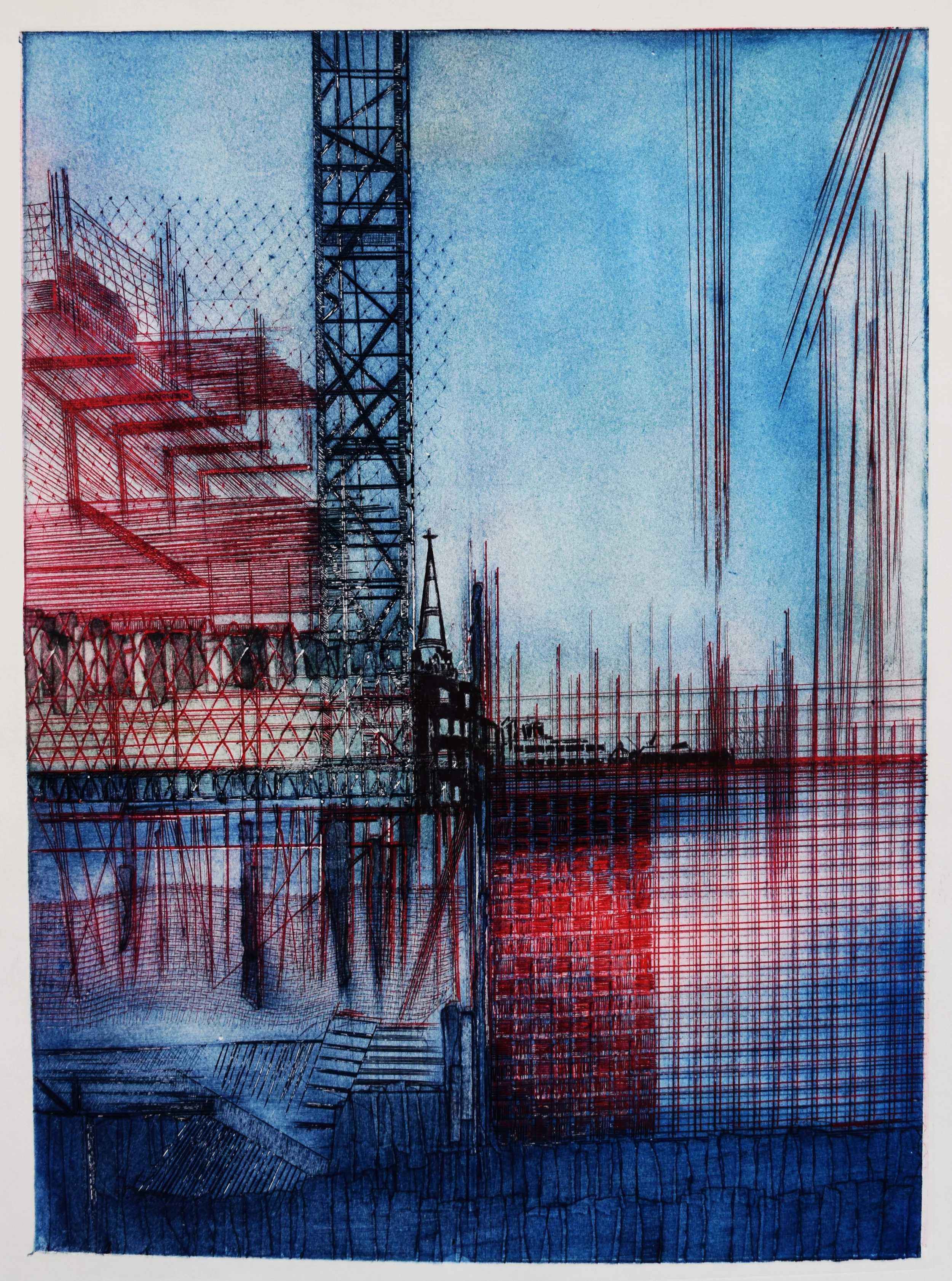 Etched-style artwork of a construction site with scaffolding, cranes, and a distant spire in blue tones