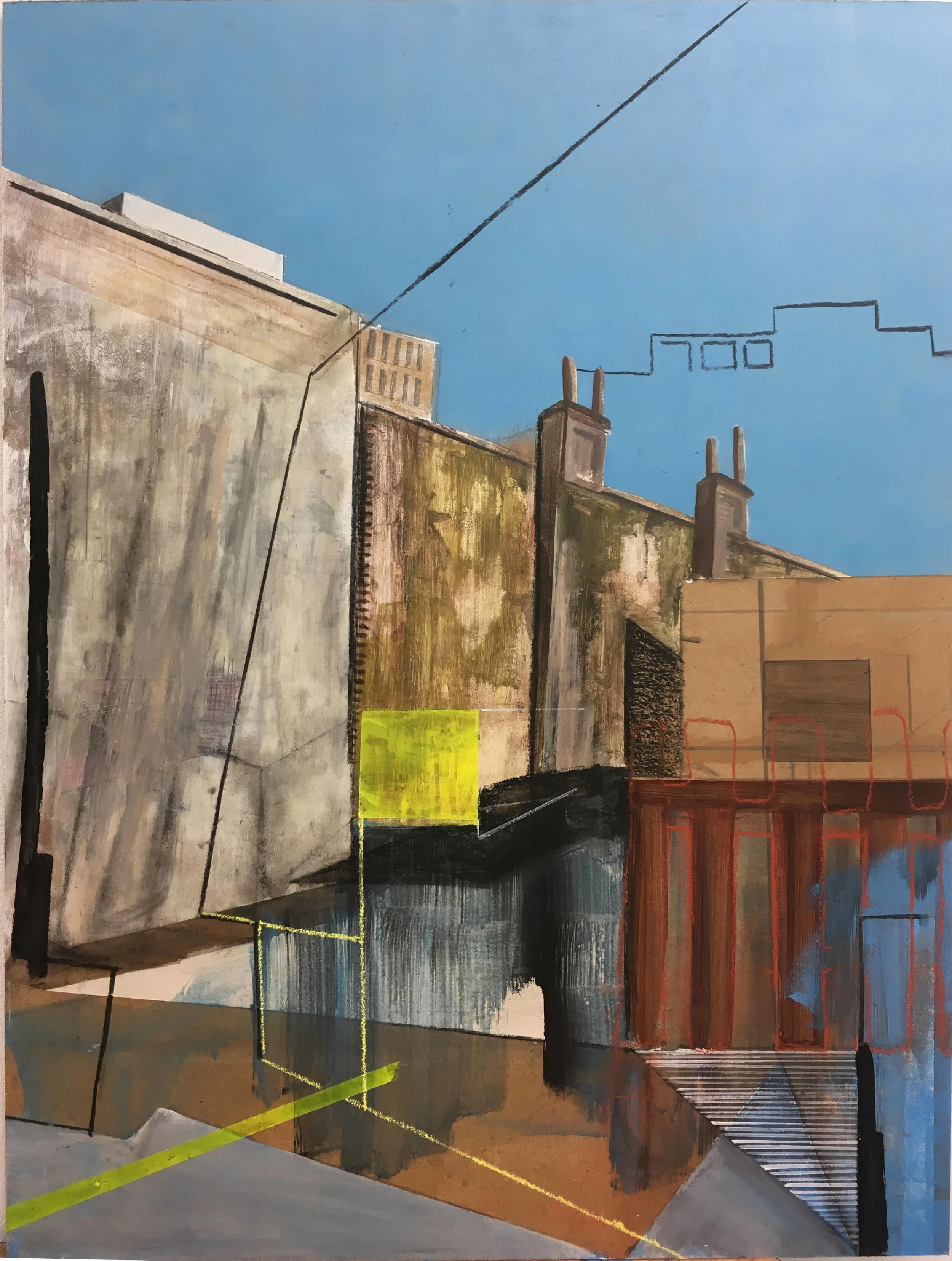 Abstract painting of urban rooftops and chimneys with a bright blue sky, muted earth tones accented by a vivid yellow rectangle