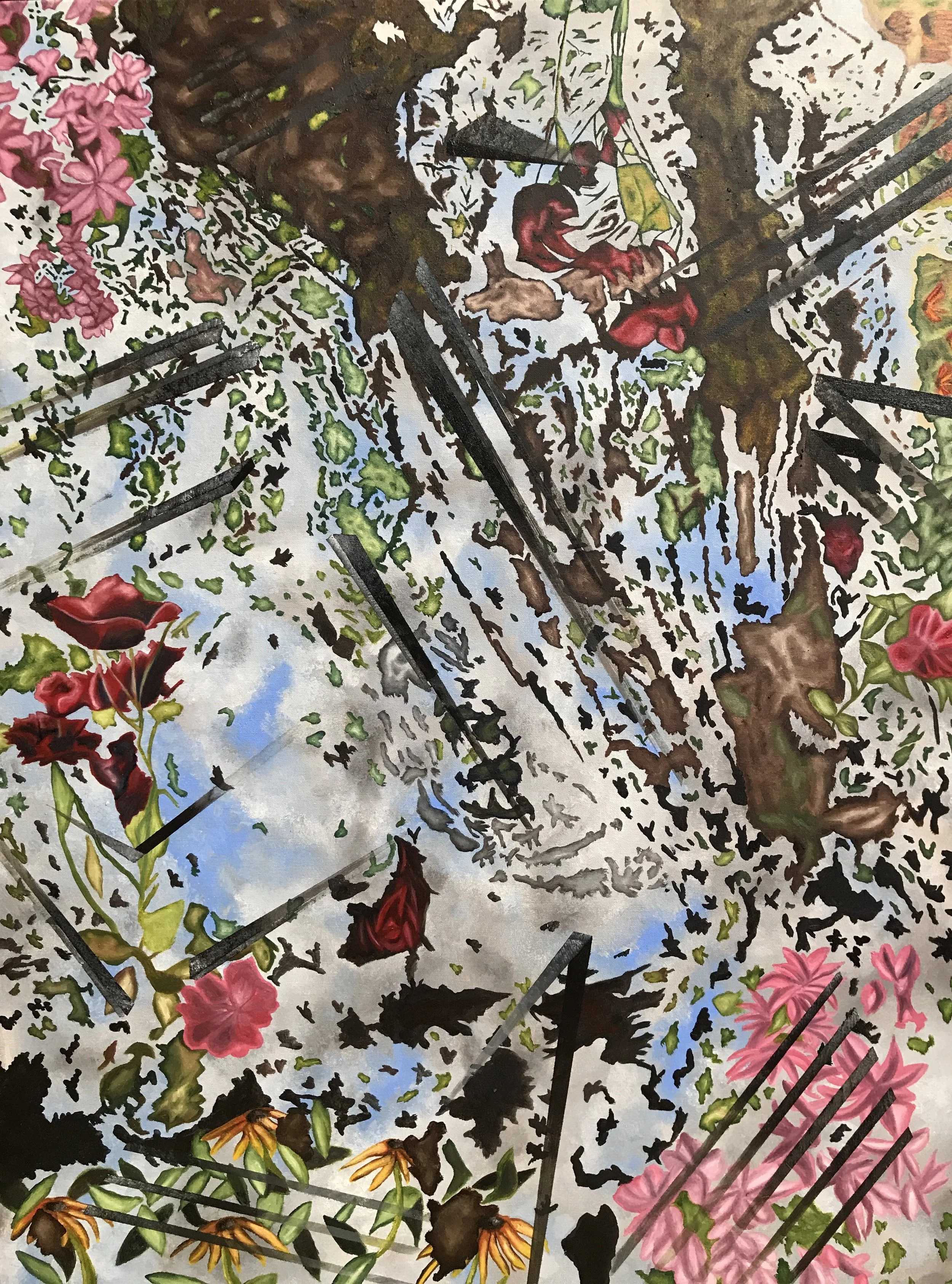 Abstract painting combining fragmented floral imagery, tree bark, sky, and dark jagged shapes in a mix of pink, red, grey