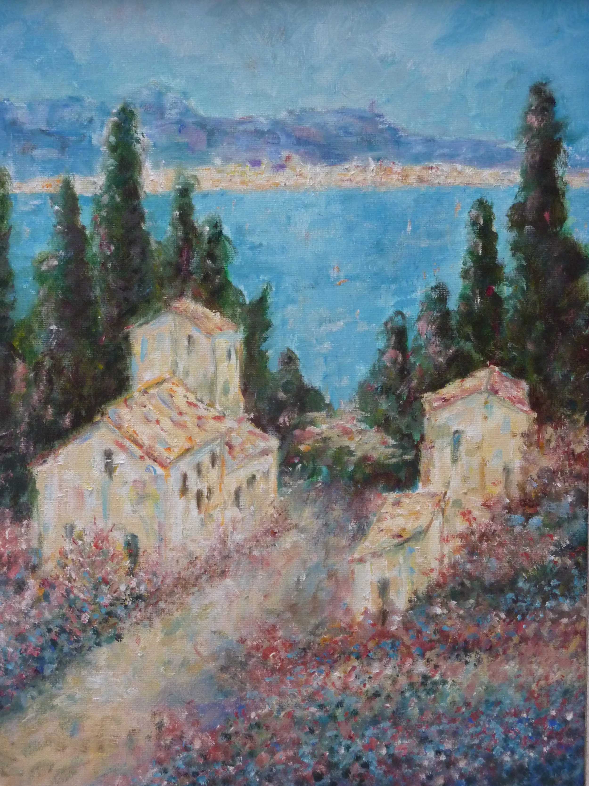 Impressionist style painting of cottages amid flowering trees overlooking a blue bay with distant hills, soft pastel tones