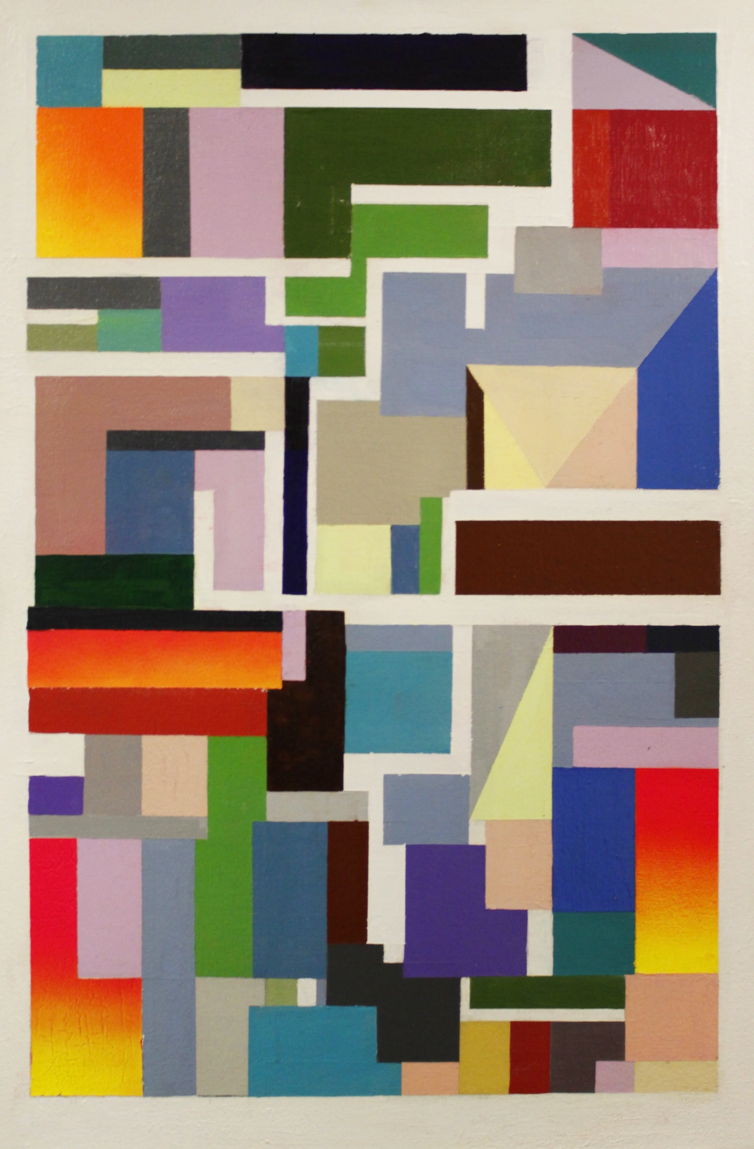 Abstract geometric painting with a grid of rectangles and triangles in many bright colors including orange, green, blue