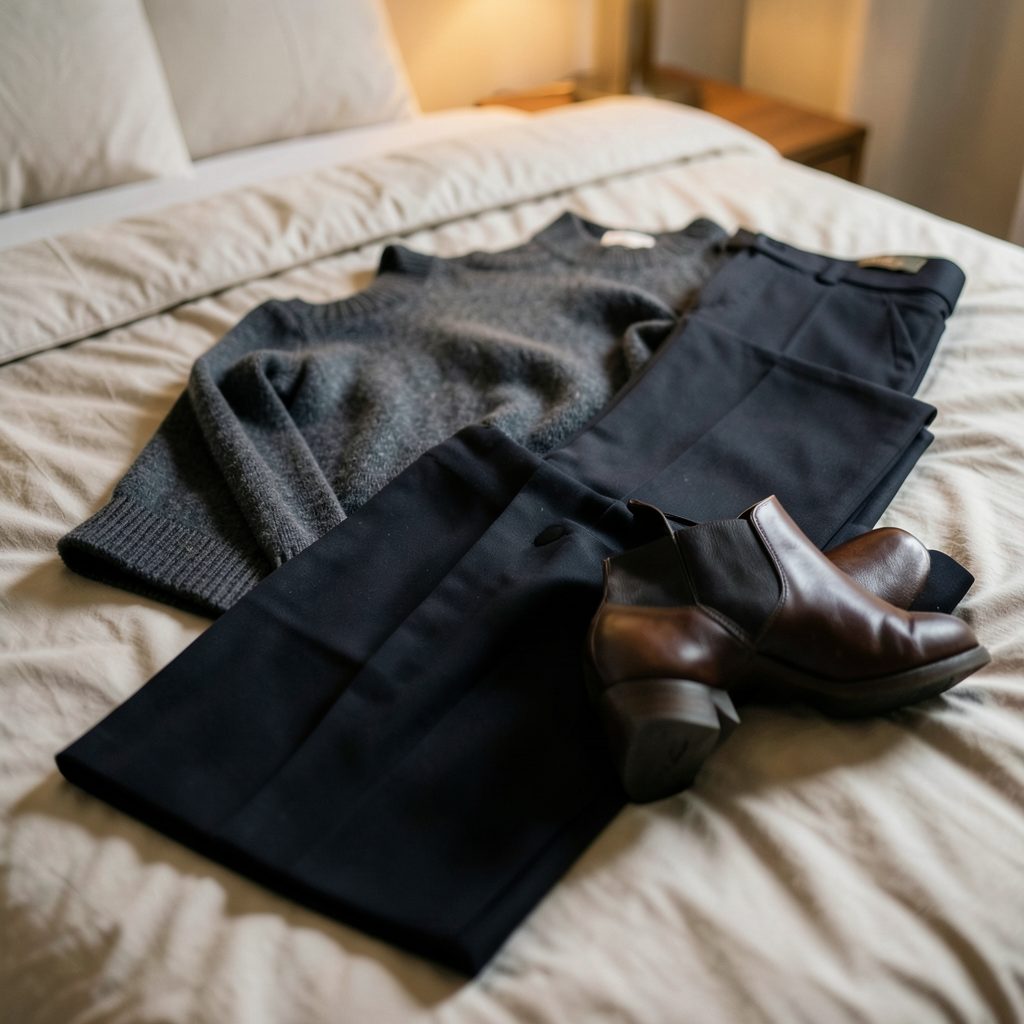 A stylish outfit laid out on a bed: dark tailored trousers, a soft cashmere sweater in charcoal, and leather ankle boots