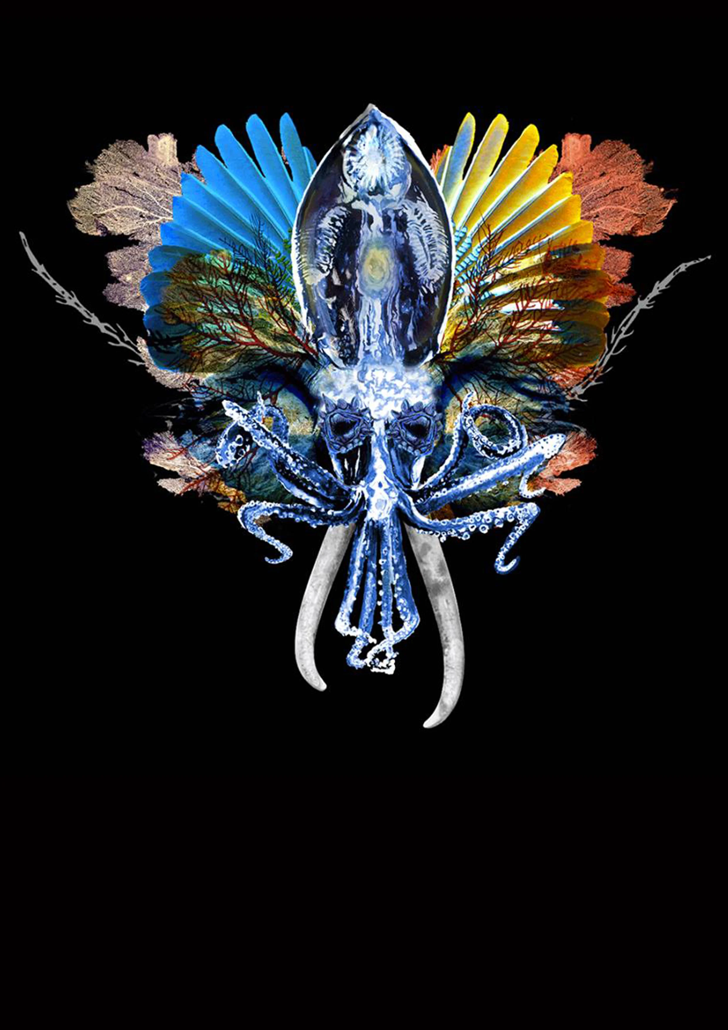 Symmetrical artistic composition resembling a mask or creature with tentacles, tusks, and colorful feather-like wings