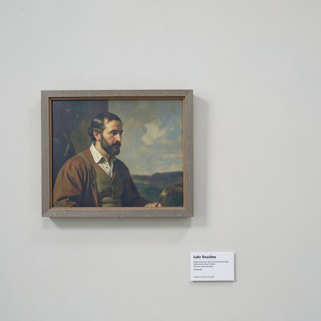 A small white gallery label mounted beside a framed painting on a neutral wall, clean minimalist aesthetic