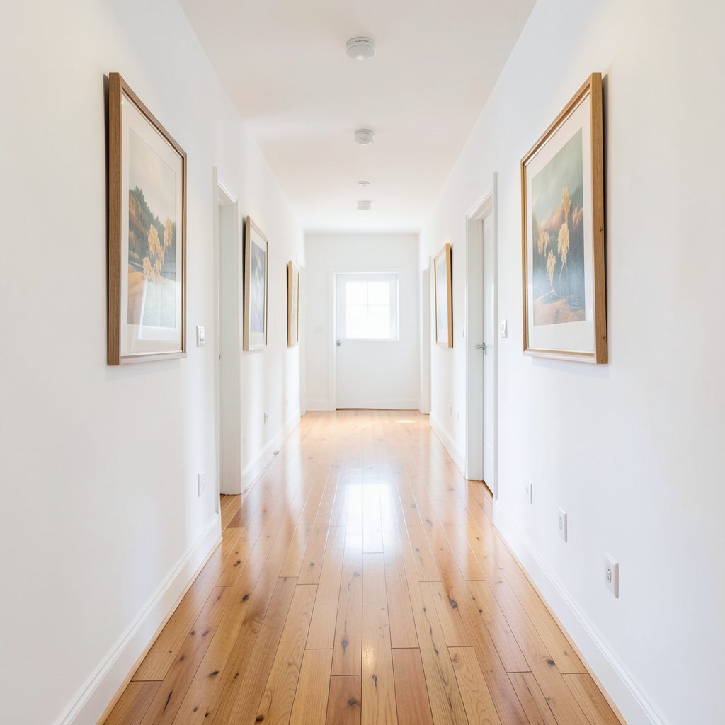 A bright residential corridor with white walls and a series of framed artworks evenly spaced, polished wooden floor, soft natural light