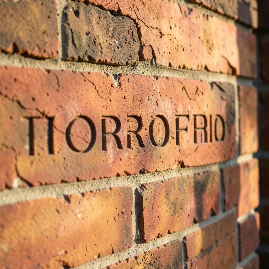 A close-up of a brick wall with engraved lettering, warm earthy red and brown tones, afternoon sunlight casting subtle shadows
