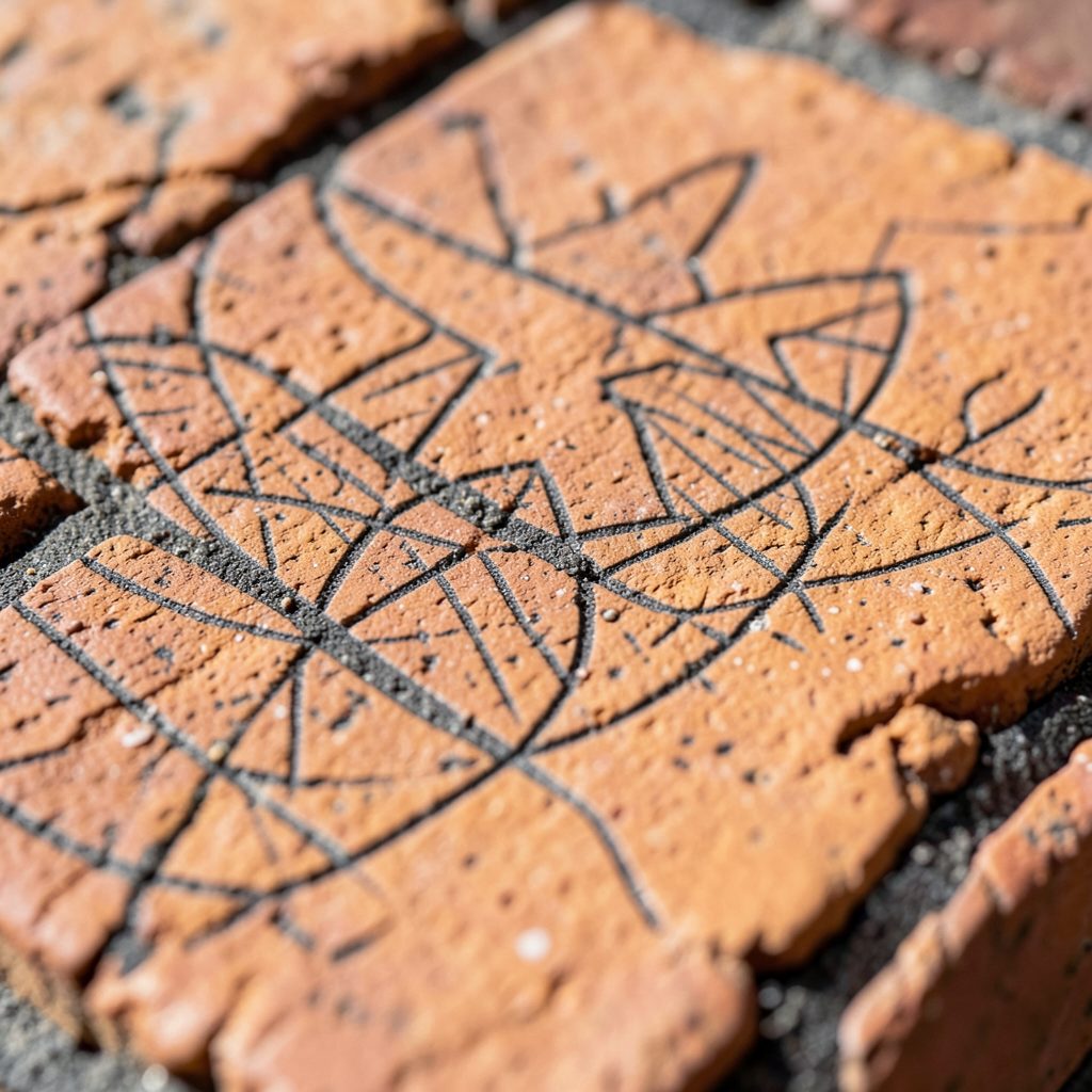 Close-up of engraved brick surface with delicate line patterns, warm terracotta and charcoal tones, tactile texture