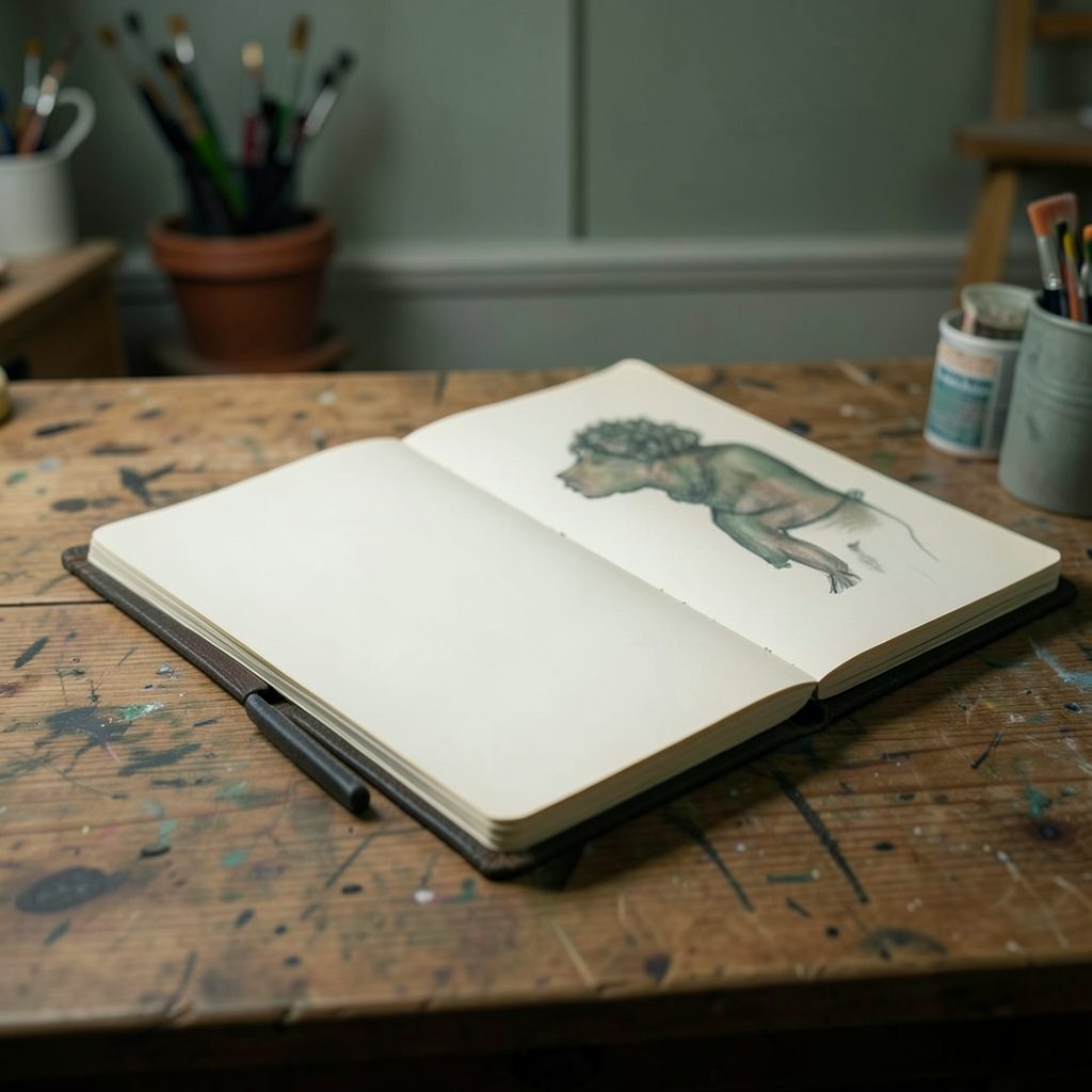 An open sketchbook and portfolio case on a wooden table, soft overhead light, creative studio atmosphere in muted greens