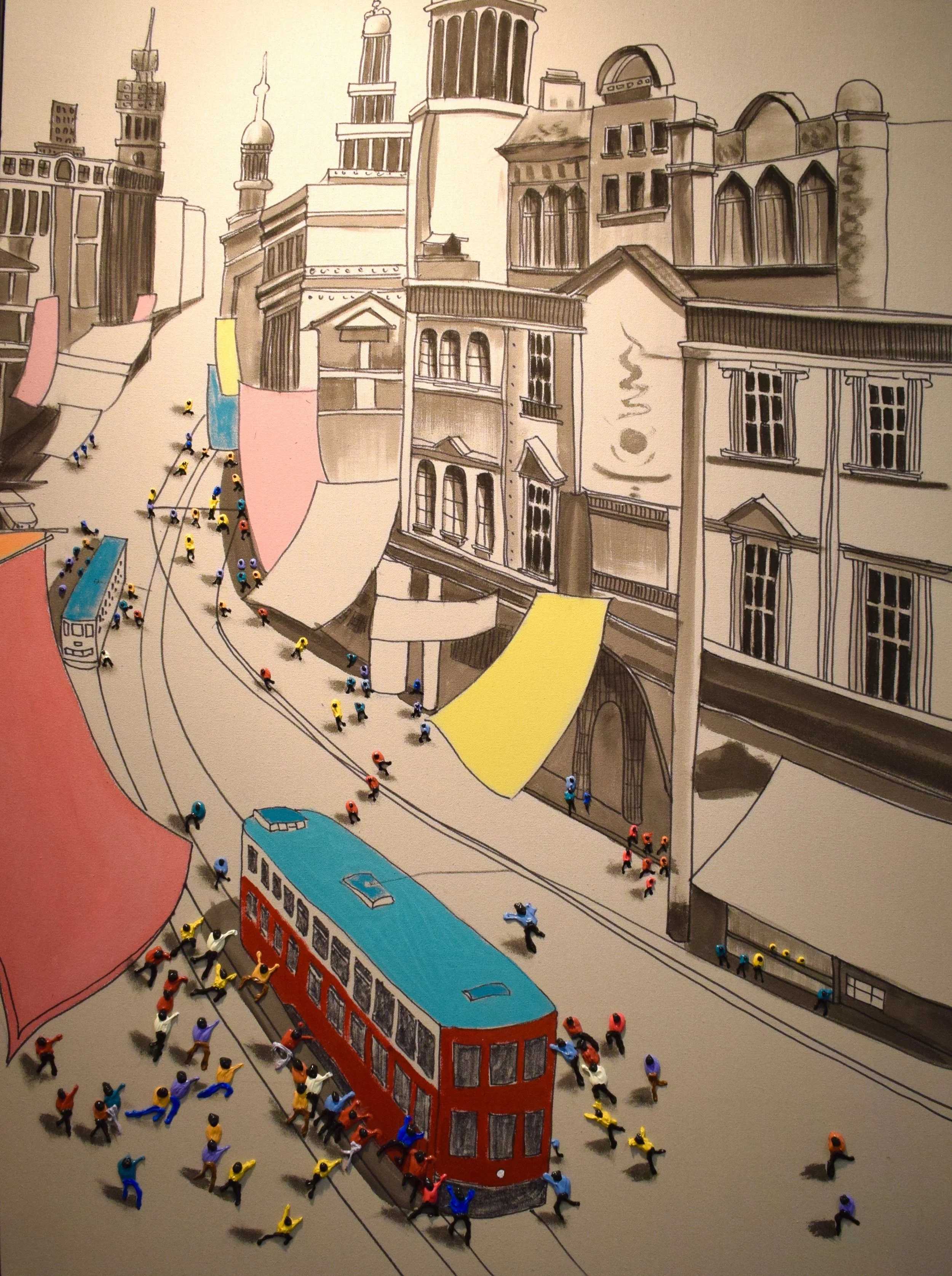 Illustrated cityscape with sepia-toned buildings, colorful trams, and small colorful human figures scattered along the street