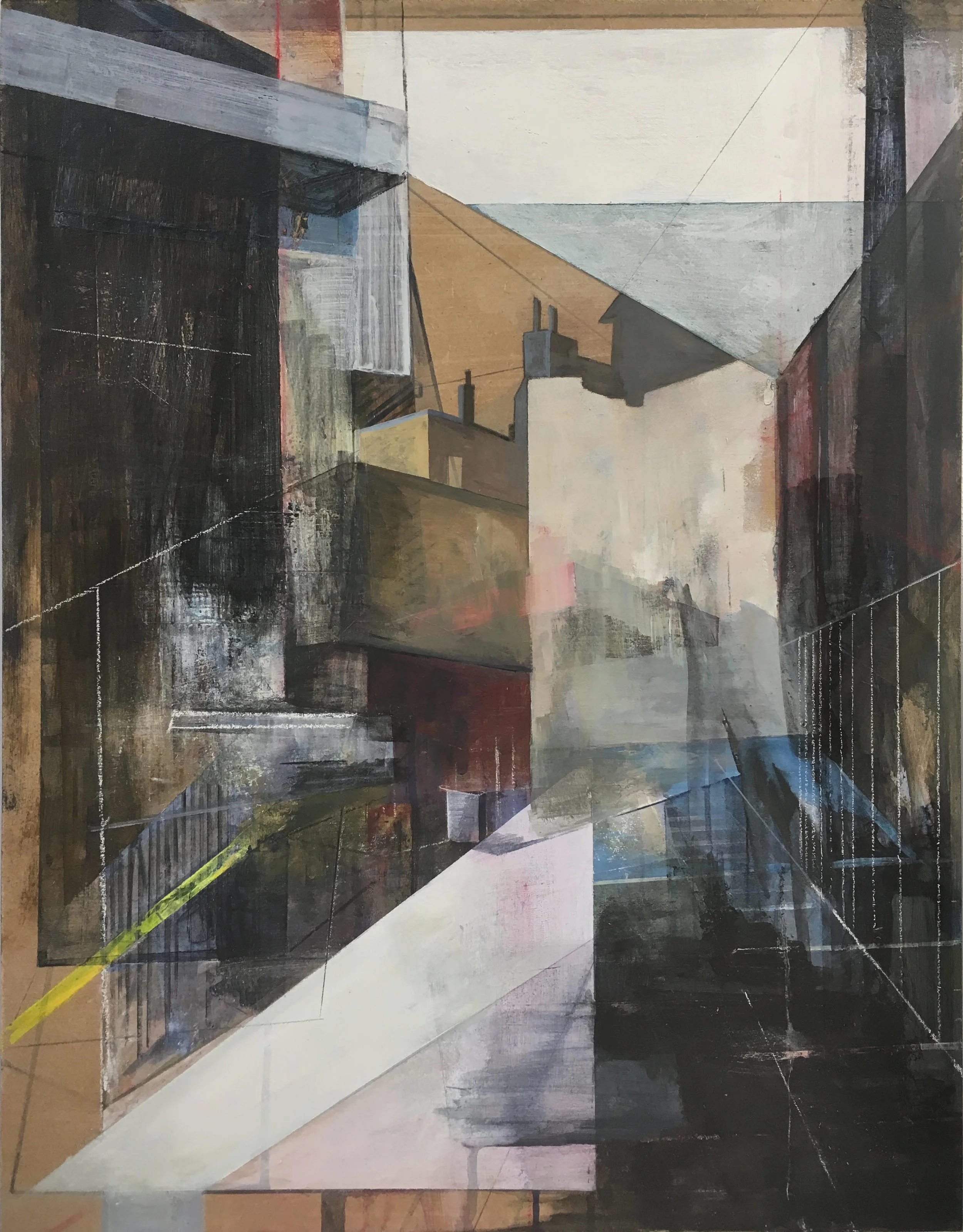 Abstract geometric painting of a narrow urban alley between angular buildings in muted browns, greys and blacks, evoking a contemplative gallery-like passage