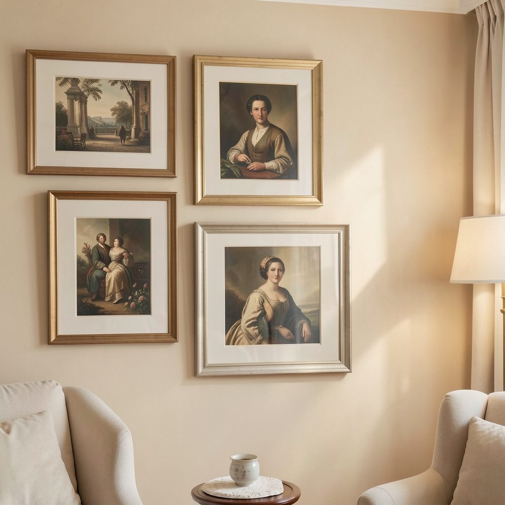 A softly lit interior wall with framed artwork arranged in a salon-style hang, warm beige and cream tones, calm and inviting